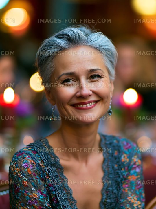Smiling woman with gray hair at a festive gathering