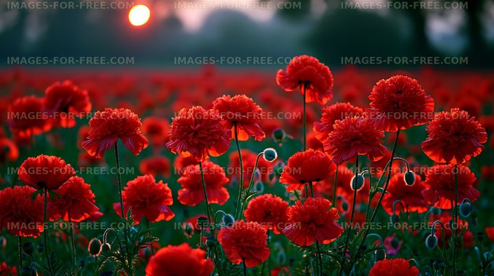 Field of red flowers at sunset