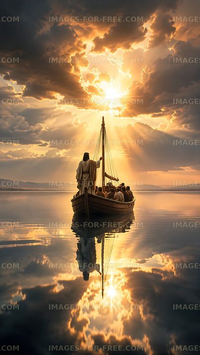 Boat with people under a sunset sky with reflective water