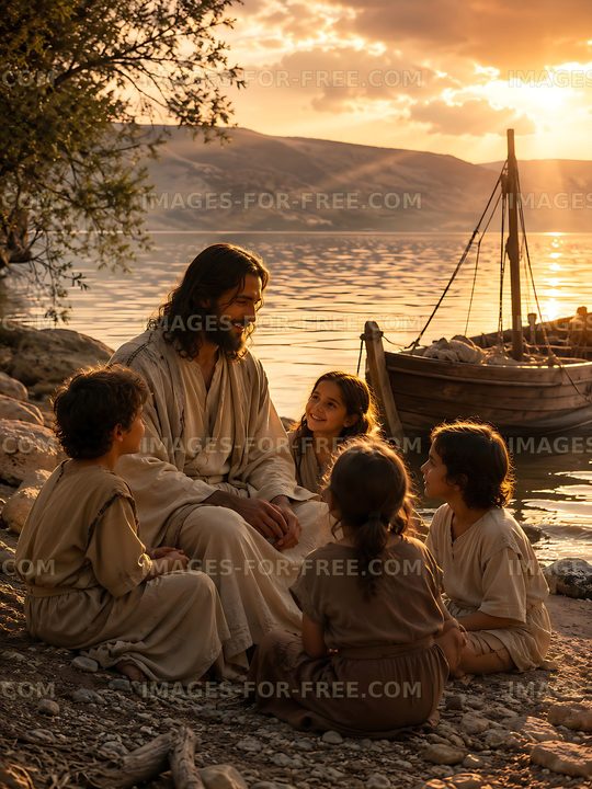 Jesus and children by the river during sunset