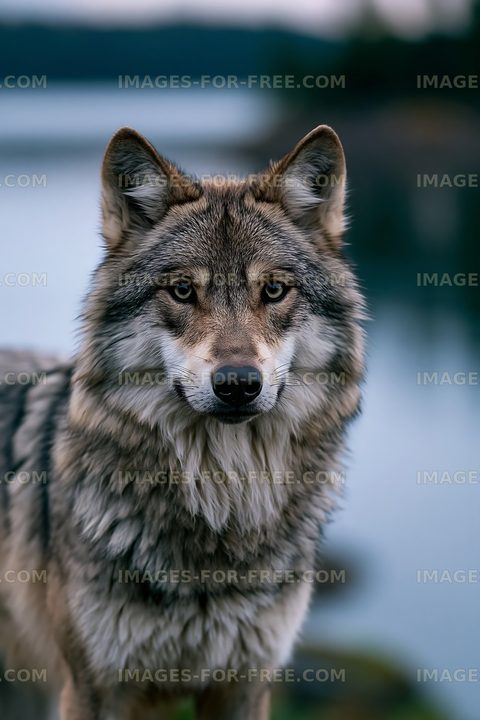 Wolf standing by the water with a blurred background