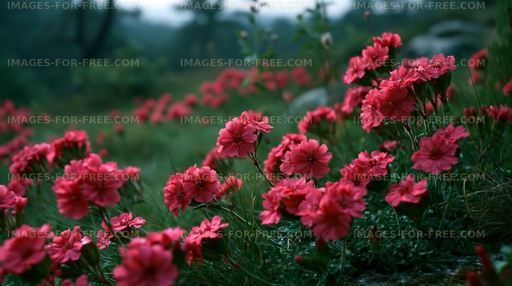 Blooming pink flowers in a damp meadow during a foggy morning