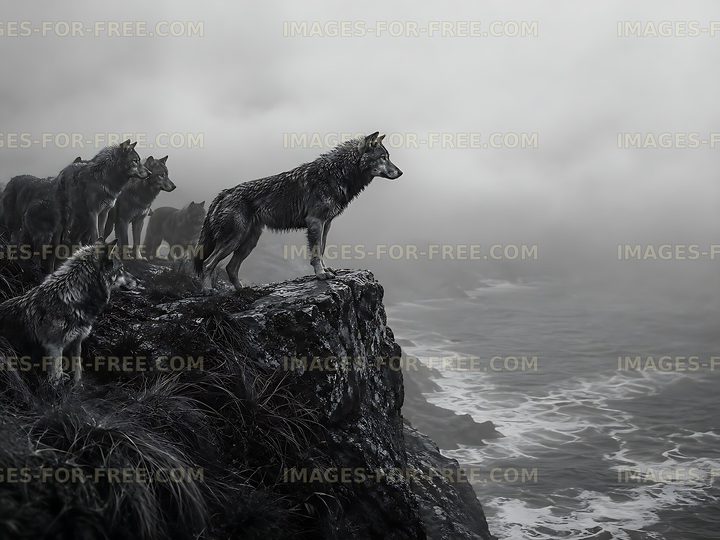 Wolves on a rocky cliff overlooking a stormy sea