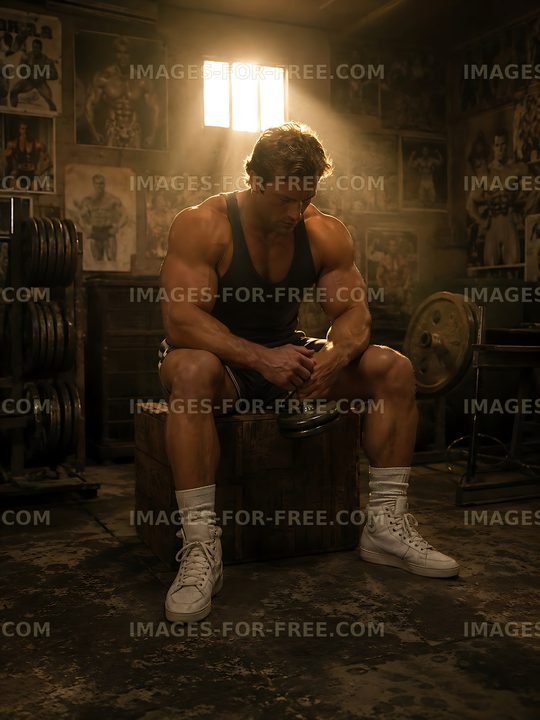 Muscular man resting in a gym after workout session
