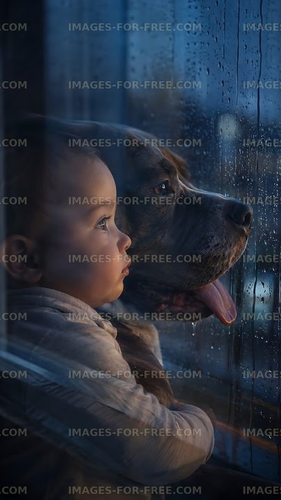 Child and dog looking out window on a rainy day