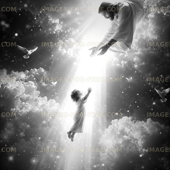Heavenly scene of reaching hands and doves in a bright sky