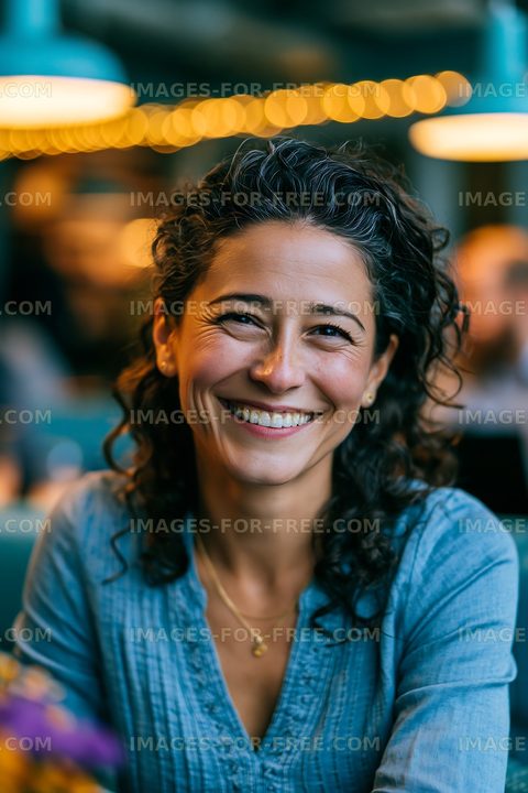 Smiling woman with curly hair sitting in a cafe