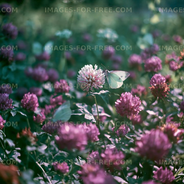 Butterfly on white clover surrounded by purple flowers