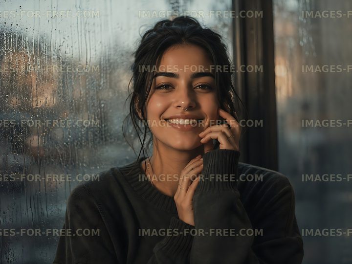 Woman smiling by a foggy window during early evening