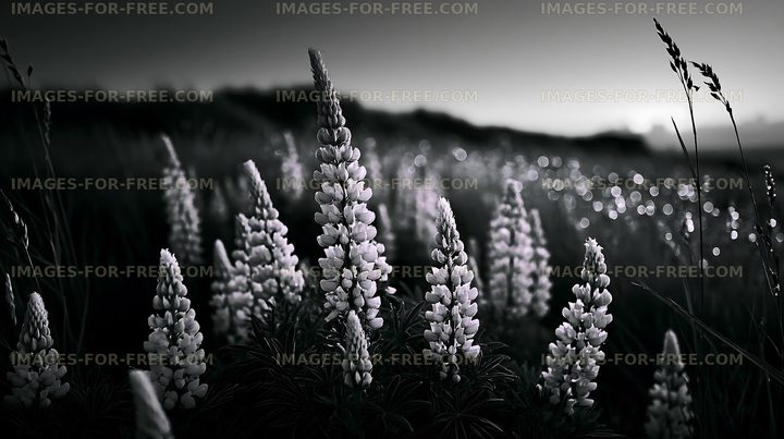 Lupine flowers in a field at dusk