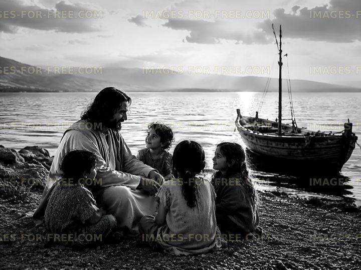 Gathering by the water at sunset with children and a boat