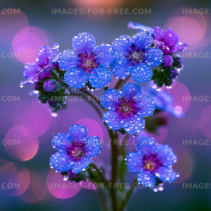 Vibrant blue flowers with dew against a bokeh background