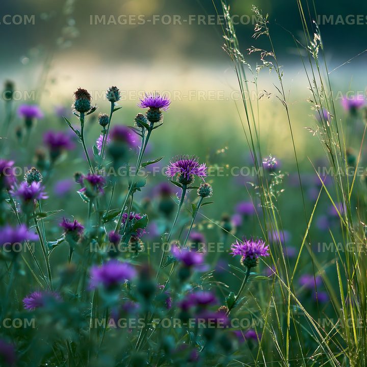 Purple thistle flowers blooming in a field during sunset