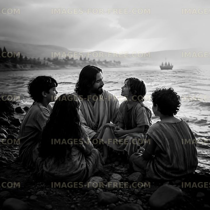 Man telling stories to children by the water