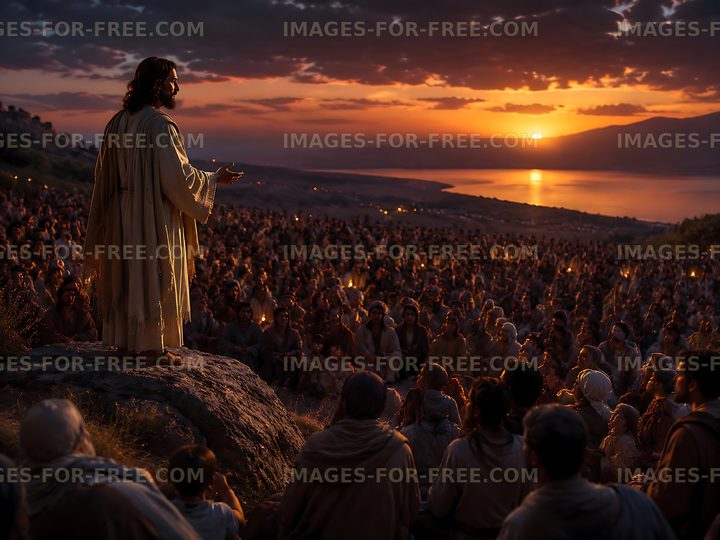 Crowd listening to a figure at sunset near a body of water