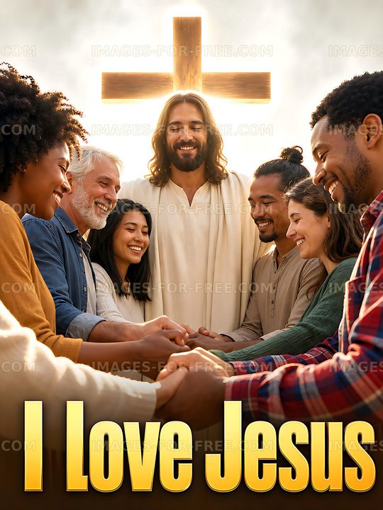 Group of people smiling and holding hands in front of cross