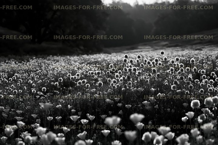 Black and white field of flowers in natural setting