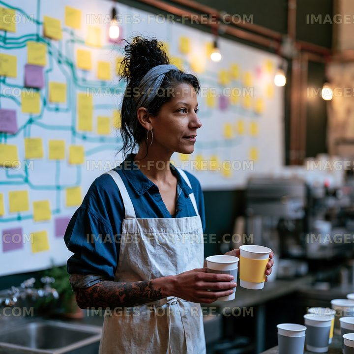 Barista holds cups while planning coffee shop layout