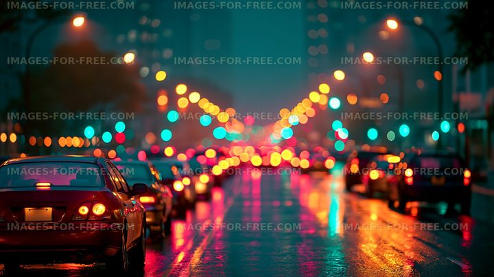 City street at night with cars and colorful lights