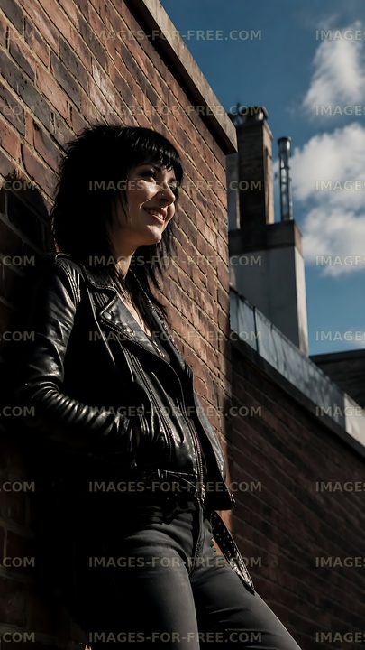 Woman in leather jacket standing against brick wall