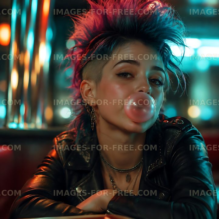 Young woman chewing bubble gum in retro diner