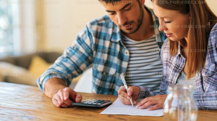 Couple working on finances at home with calculator and notebook