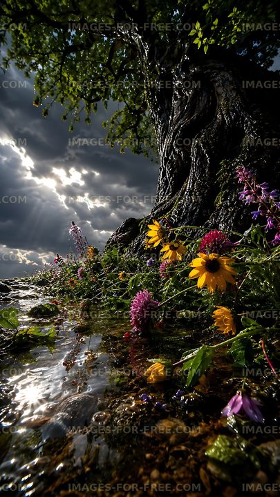 Colorful flowers near a tree by the water under a cloudy sky