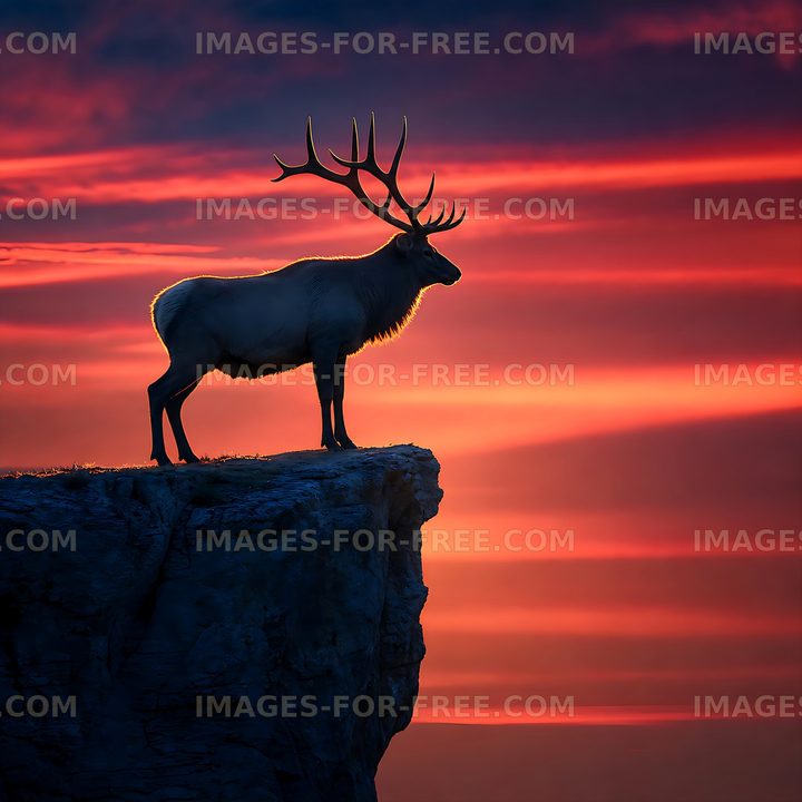 Stag standing on cliff edge during sunset