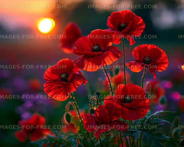 Poppy flowers bloom in a field during sunset