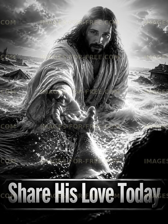 Jesus reaching out to save a person in a stormy sea