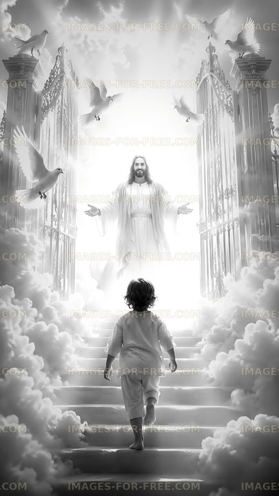 Child approaching a figure at the gates with doves in the sky