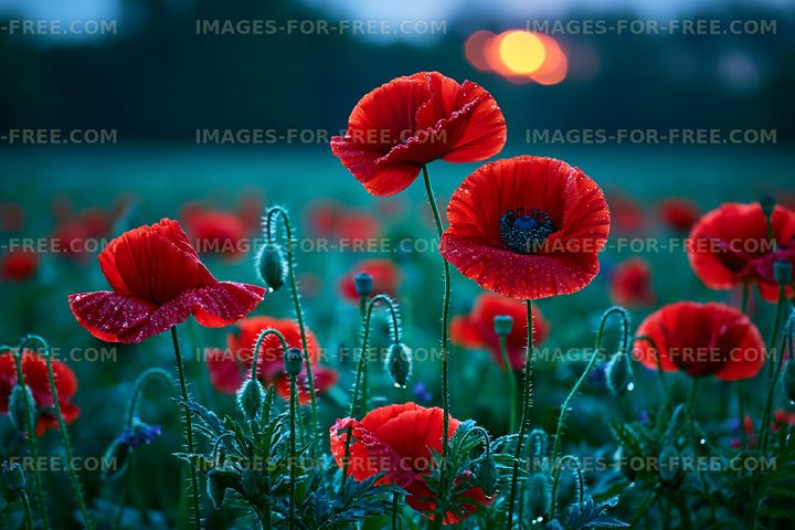 Poppies in a field at sunset with dew on petals