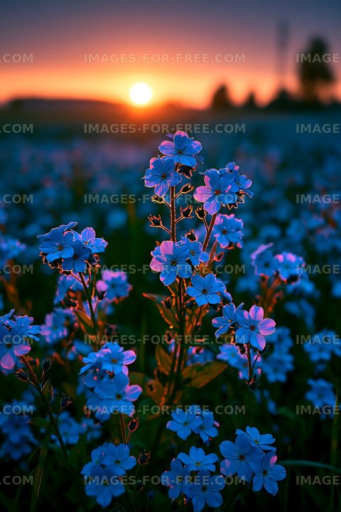 Bright blue flowers at sunset in a field