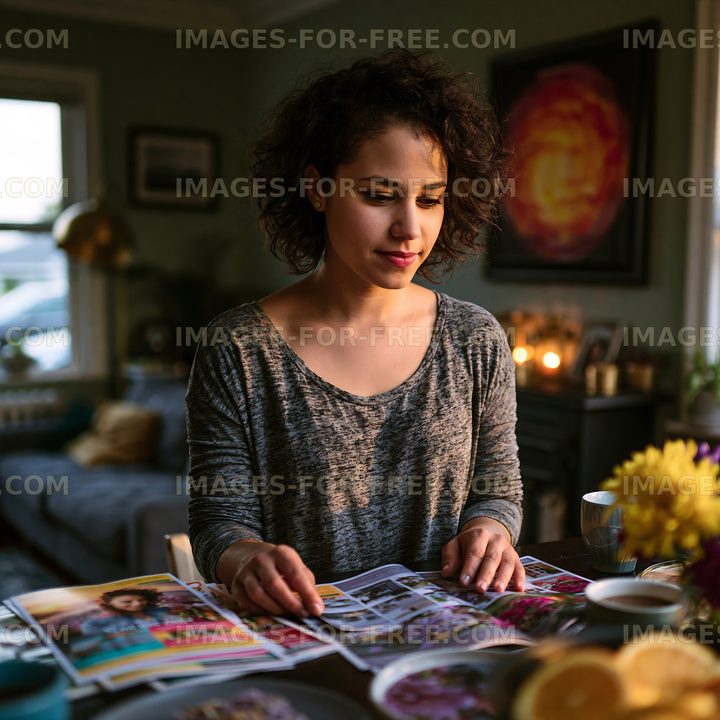 Young woman reviewing magazines at a table in a cozy room