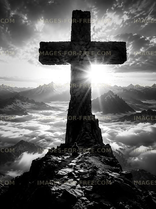 Sunrise at mountain cross with a person in silhouette
