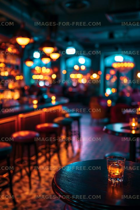 Bar scene with drink on table in warm ambient lighting