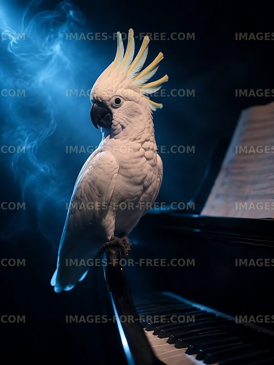 Cockatoo perched on piano in dramatic lighting