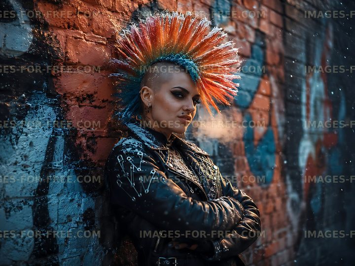 Punk fashion model leaning against a graffiti wall