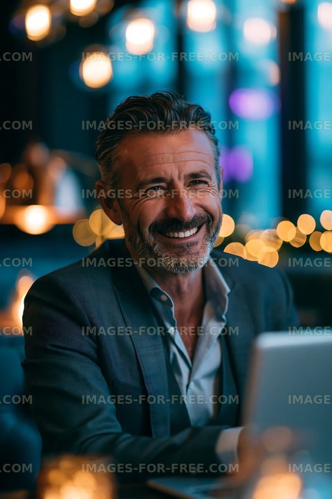 Businessman smiles at desk in modern office space