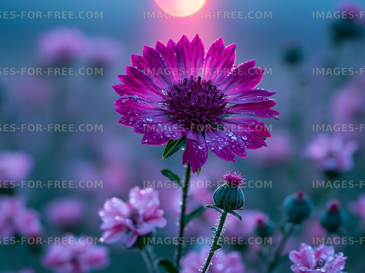 Bright pink flowers with water droplets at sunset