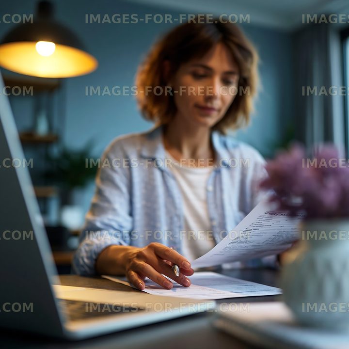 Woman reviewing documents at a desk in a modern workspace