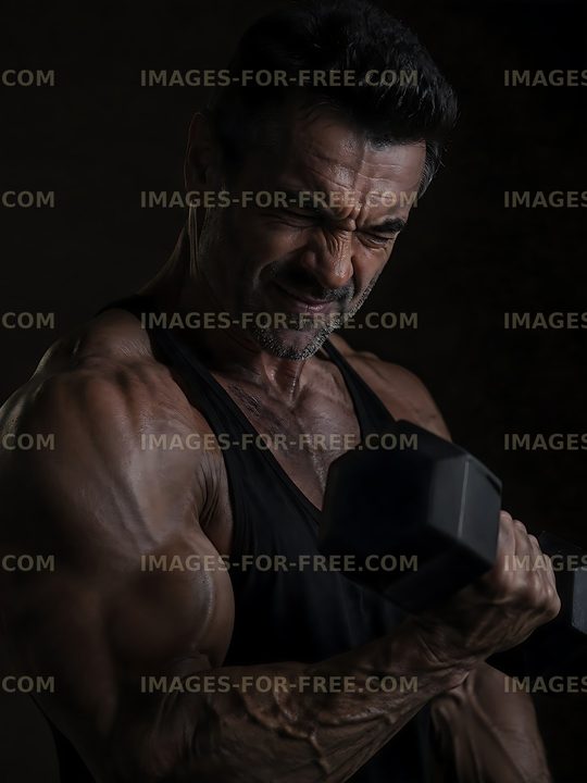 Muscular man lifting dumbbell in workout session