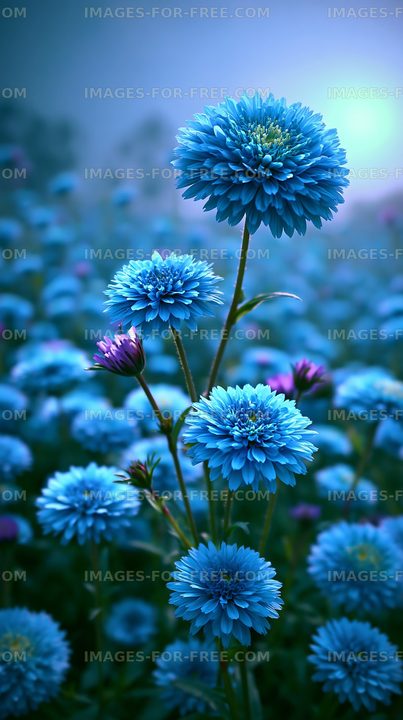 Blue flowers in a field during early morning light