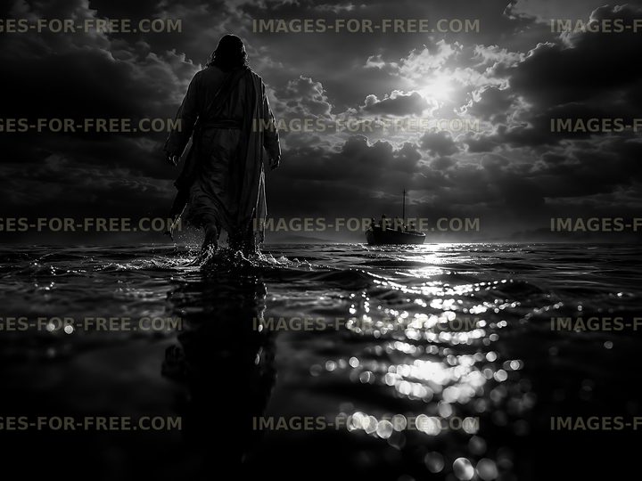 Person walking on water with a boat in the background