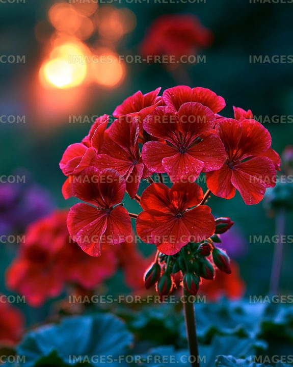 Bright red geraniums in garden during sunset