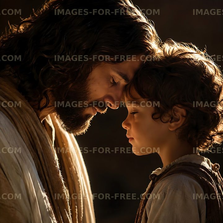 Connection between a man and a child with closed eyes