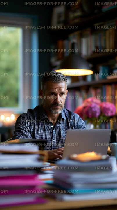 Man working on a laptop in a cozy home office setting