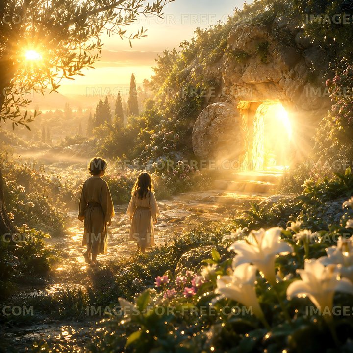 Children walk towards a glowing entrance in a serene landscape