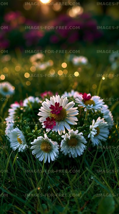 Colorful flowers in a circular arrangement on green grass