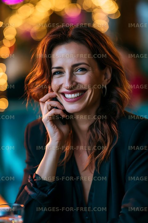 Smiling woman with wavy hair sitting at a table in a cafe